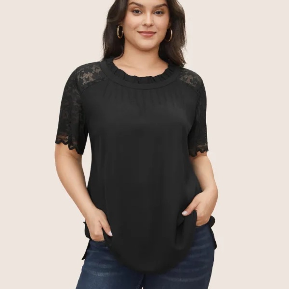 Bloom Chic Lace Panel Pleated Frill Trim Raglan Sleeve Blouse